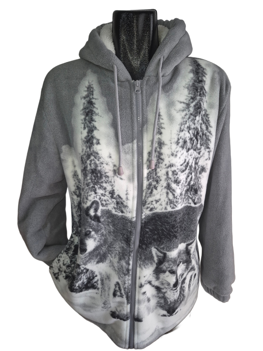 Gray Wolf Print Zip-Up Fleece Hoodie Sweater Sherpa Lined Unisex Size M